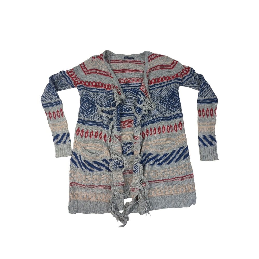 American Eagle Women's Sweater S Gray Red Blue open front Fringe cardigan cotton